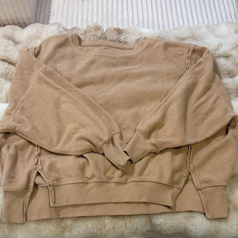 American Eagle Outfitters Women's Crewneck Sherpa Pullover - Tan size small